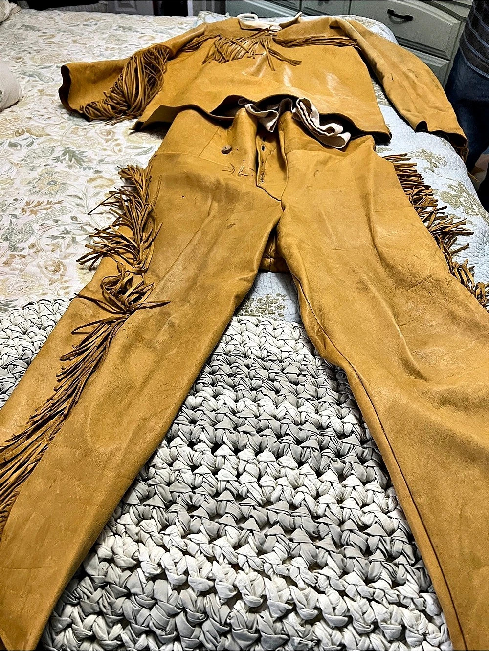 Vintage Pioneer Brown Fringed Leather Jacket, Shirt and Pants Set